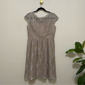Aidan Mattox Silver Lace Overlay Illusion Cap Sleeve Mini Dress